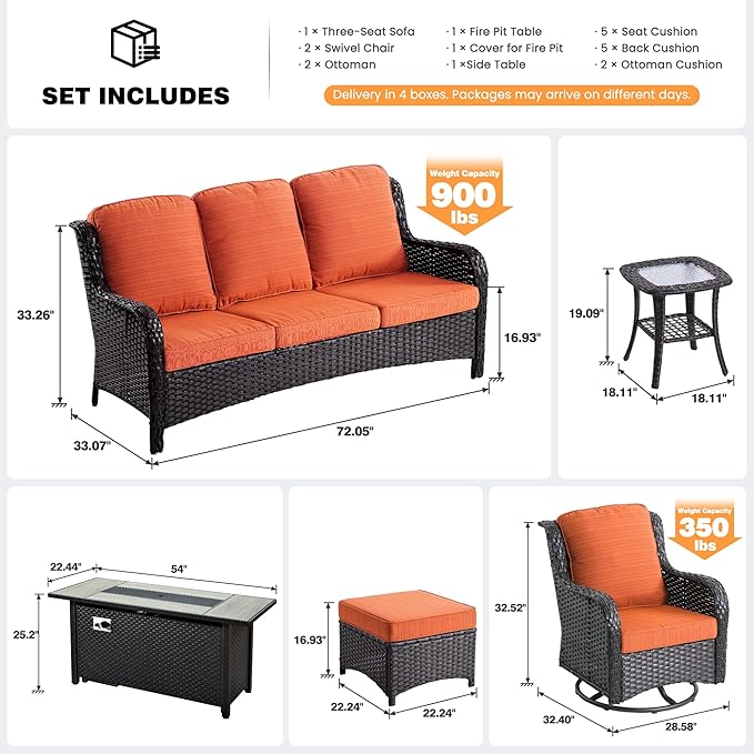 ovios 7 Pieces Patio Furniture Set, Outdoor Wicker Sofa Couch with Swivel Chairs 54" Fire Pit Table, High Back Modern All Weather Conversation Sets, Brown Rattan, Orange Red