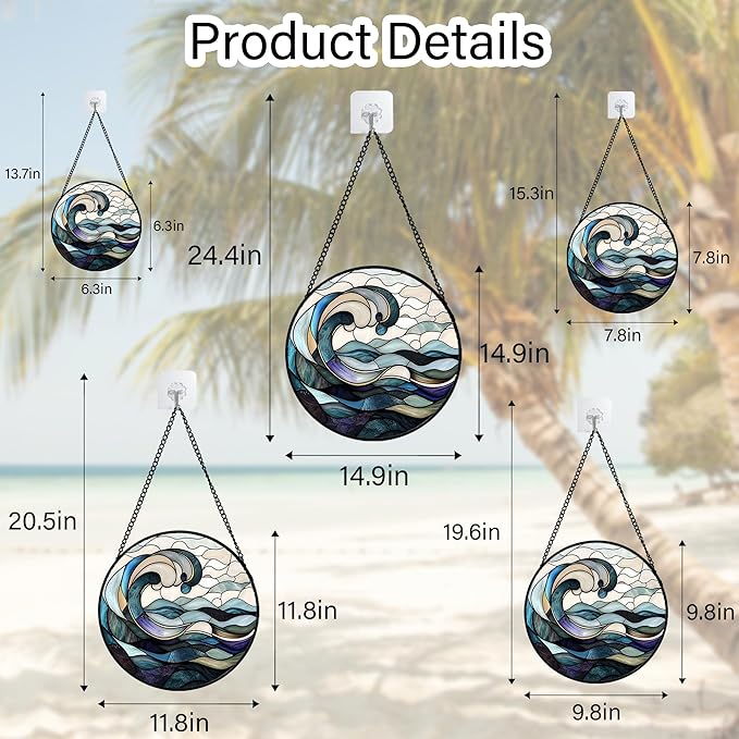 DASTOLL Stained Glass Window Hanging, Ocean Waves Sun Catchers Diamond Glass Panel Hangings Abstract Suncatcher Decor for Birthday for Women, Men, Wife, Aunt, and Mom 14.9x14.9 in