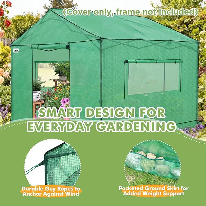 EAGLE PEAK Replacement Cover for 10x10 Gable Roof Pop up Greenhouse, Front and Rear Roll-Up Zipper Entry Doors and 2 Large Roll-Up Side Windows (Frame Not Included), Green