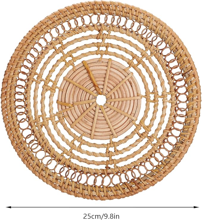 Boho Wall Basket Decor Set: Round Rattan Wall Decor, Hanging Basket, Flat Woven, Flower Shape, Khaki, 13"L x 13"W, Unisex, Indoor, Living Room