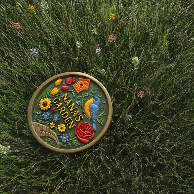 VEOJEIN Nana’s Garden Stepping Stone 9.45" – Hand-Painted Resin Garden Decor with Bird, Flowers & Path Design – Whimsical Gift for Grandma, Mother’s Day, Birthday, or Outdoor Display