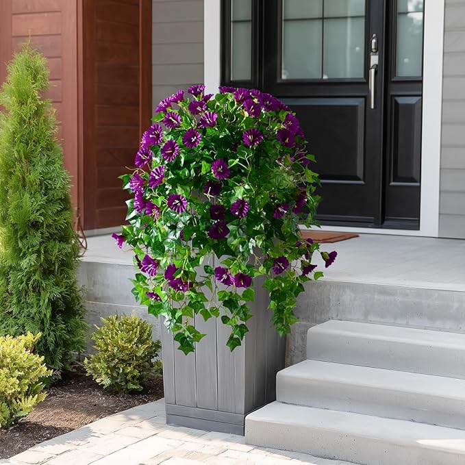 Morning Glory Artificial Hanging Flowers for Outdoors 3 Pcs Fake Petunias Flower Faux Silk Long Trailing Vines Realistic Flower for Front Door Porch Patio Balcony Garden Yard Decor (3 Pcs Dark Purple)