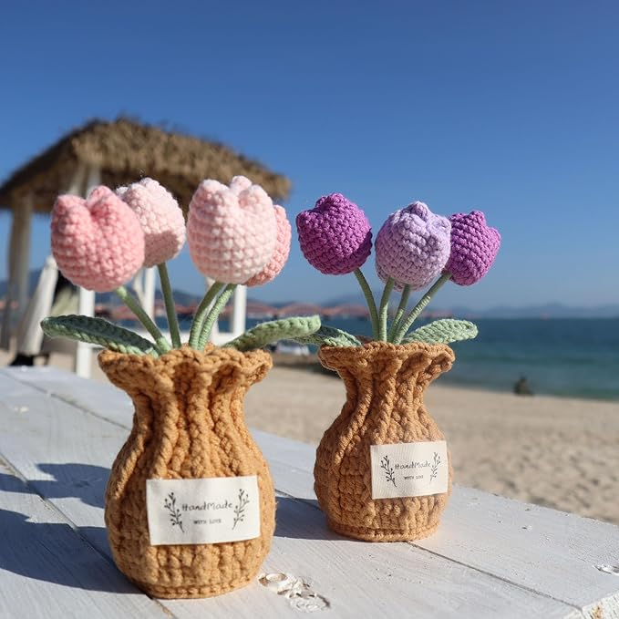 YOOJEE Tulip Crochet Flower Potted Plant Handmade Desk Decor Gift