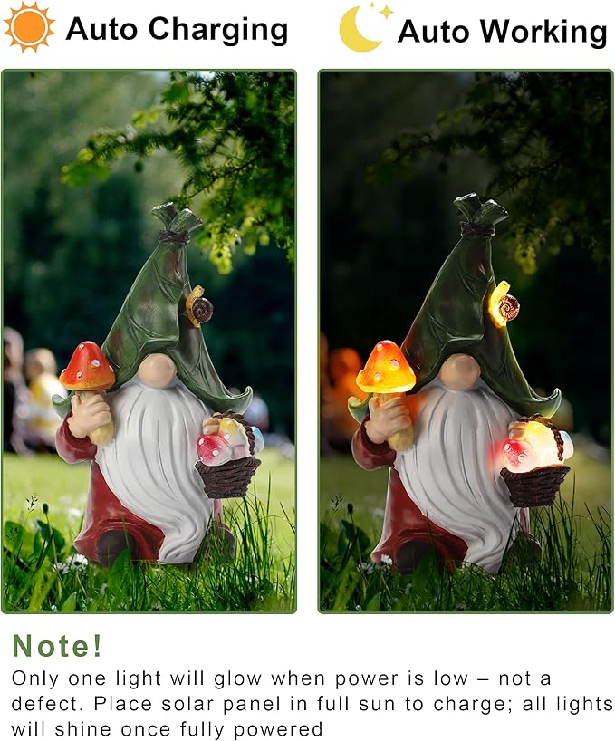 ZhiYo-GD Mushroom-Picking Gnome Solar Garden Statue with 3 LED Lights, Set with 1 Gnome and 2 Small Mushroom, Lovely Garden Gnome Set for Patio, Yard, Lawn Ornament, Outdoor Christmas Decor