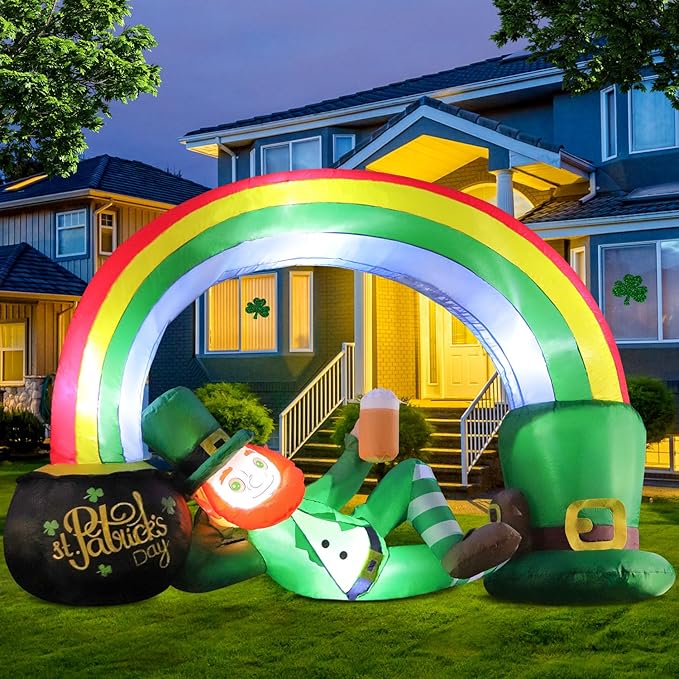 St. Patricks Day Inflatable Decorations 7FT Lying Leprechaun Rainbow Arch with Gold Coin Pot Built-in Bright LED Lights Outdoor Lucky Day Holiday Lawn Yard Garden Patio Décor