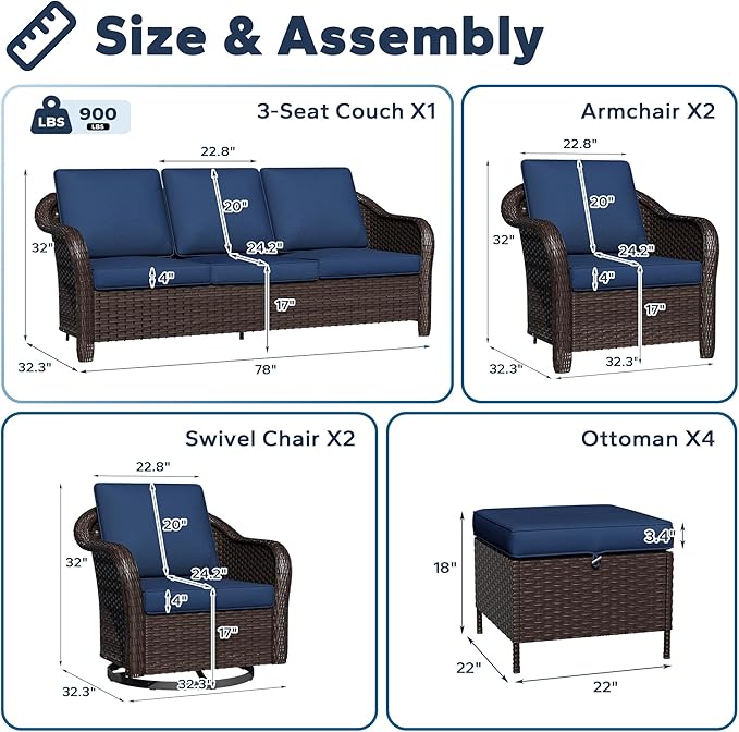 9 PCS Outdoor Conversation Set | 78" Couch, 2 Swivel Chairs, 2 Chairs, 4 Ottomans, Patio Wicker Conversation Furniture with Removable Cushions for Bistro, Deck, Sunroom (Navy Blue)