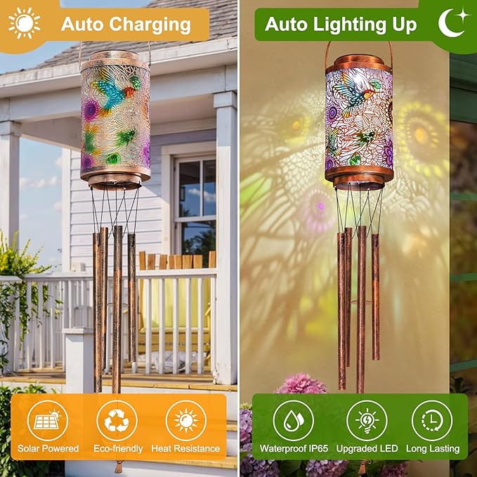 Hummingbird Solar Wind Chimes for Outside, Solar Lanterns Gifts Outdoor Waterproof Garden Lights for Balcony, Porch, Backyard, Birthday Gifts for Mom Grandma Wife (1Pack)