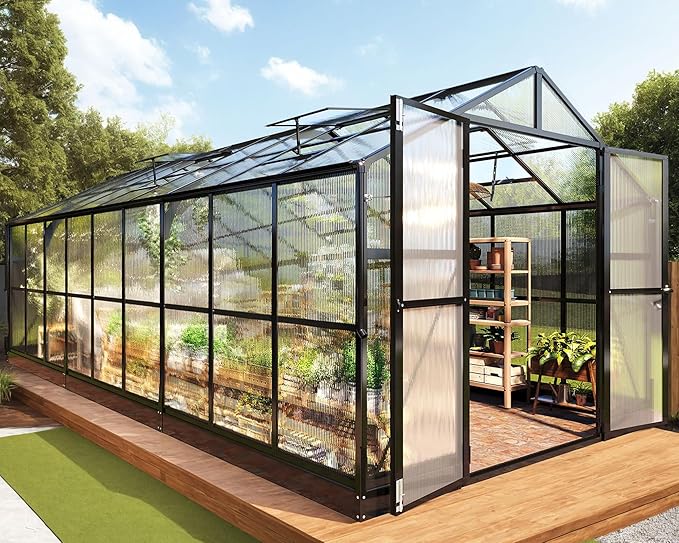 Jocisland 8x18 FT Polycarbonate Greenhouse with Quick-Connect Fittings, Walk-in Large Aluminum Sunroom with 2 Swing Doors, Winter Greenhouse for Outdoors Black