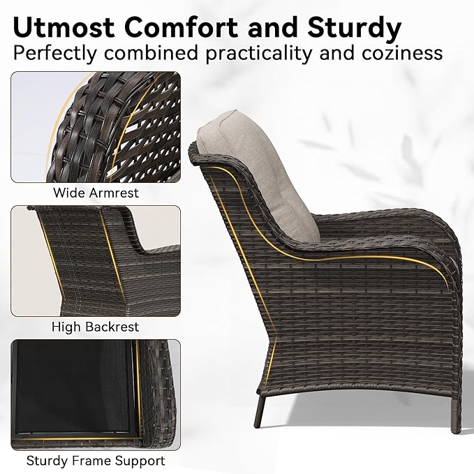 5 Piece Outdoor Wicker Patio Furniture Set, Patio Chairs Set with Thickened Olefin Cushions, High Back and Deep Seating, Hand-Woven PE Rattan for Porch, Deck