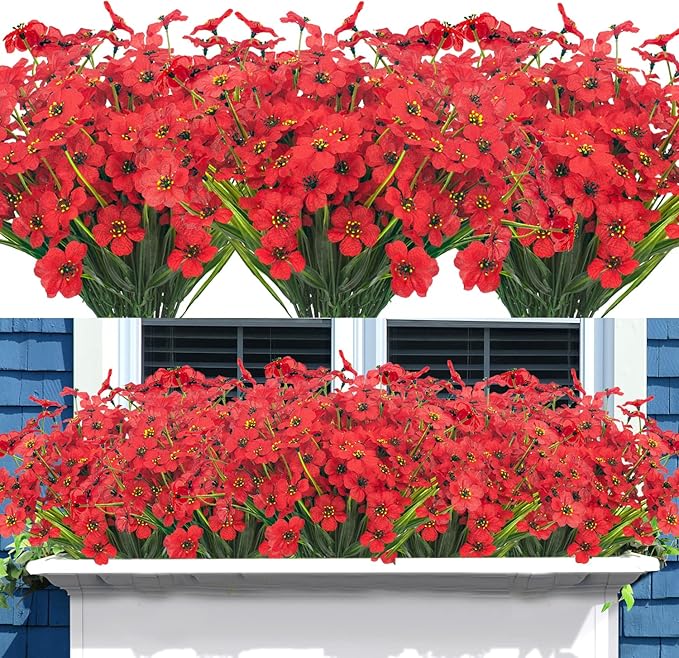 Grunyia 20 Bundles Artificial Flowers Outdoor UV Resistant Fake Flowers (Red)