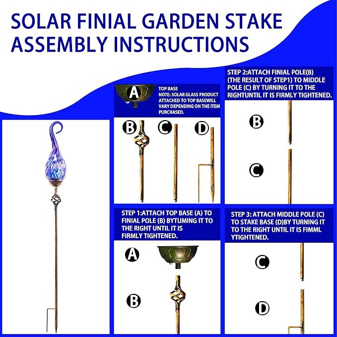 Naboher Garden Solar Lights Outdoor, Decorative LED Pearlized Glass Spiral Garden Stake with Finial, Hand Blown Glass and Metal Outdoor Decoration, 3 x 36 Inch (Dark Blue)