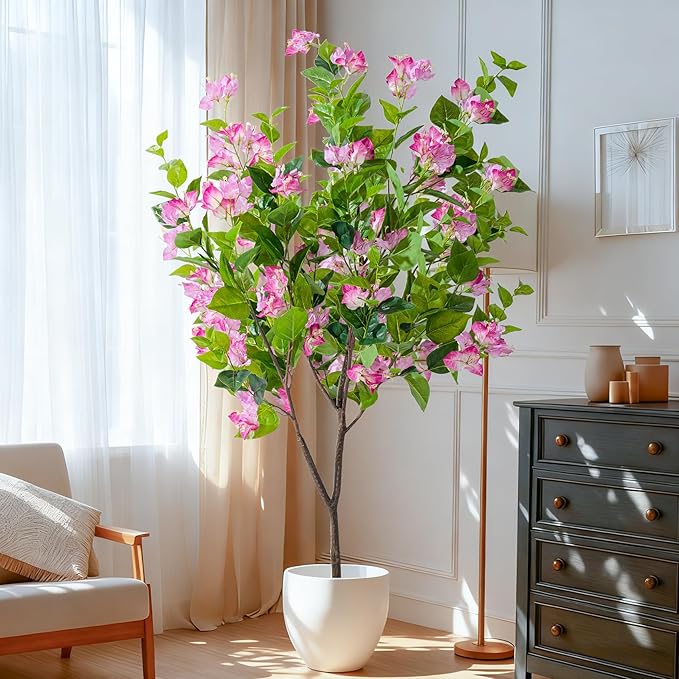 4FT Artificial Bougainvillea Tree Artificial Tree Tall Potted Fake Bougainvillea Trees for Outdoor Indoor Lifelike Potted Faux Plants with Wood Trunk and Flowers Office Wedding Home Decor
