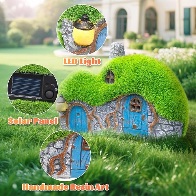 Darkdec Outdoor Figurine Lights Garden House Statue - Outdoor Statues with Solar Lights Garden Cottage Lighting Figurines for Home or Yard Decor