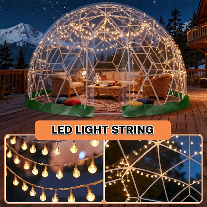 Garden Dome 9.5 * 5.7FT, 360° View Geodesic Dome Greenhouse with PVC Clear Cover, Waterproof Garden Bubble Dome Tent House with 2 x 10M Light Strings for Outdoor, Green