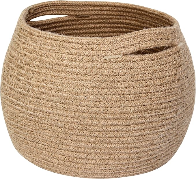Decorative Wicker Storage Basket, 11" x 9" Indoor Plant Basket for Home Decor, Round Woven Dog Cat Toy Bin with Handle, Bathroom Towel Storage, Jute Planter Holder, Shelf Closet Organizer