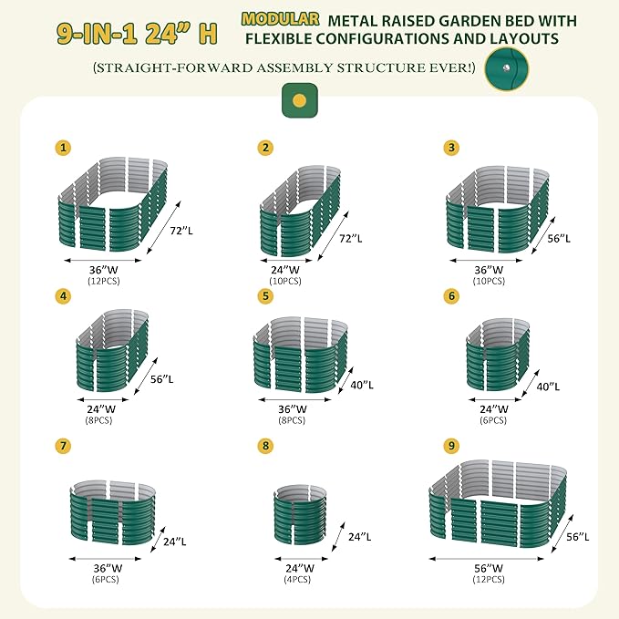 BlueWish 6x3x2FT Metal Raised Garden Bed with 2 Aluminum Support Rods, 24’’H Raised Garden Bed with Bottomless Design, Rubber Edges, 9-in-1 Modular Planter Box for Backyard, Garden, Patio, Green