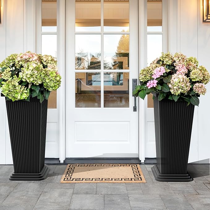 TUYOHW Set of 4 24" Tall Plastic Planters with Trays, Large Tapered Plant Pots for Indoor Outdoor Use, Modern Decorative Planters for Porch, Patio, Garden, and Backyard