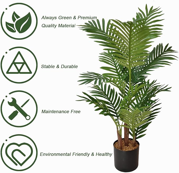 Artificial 3 Feet Areca Palm Tree with Realistic Leaves and Adjustable Branches Faux Palm Tree Pot, Fake Plants for Home, Office, Living Room, Kitchen, Bedroom, Balcony Decor