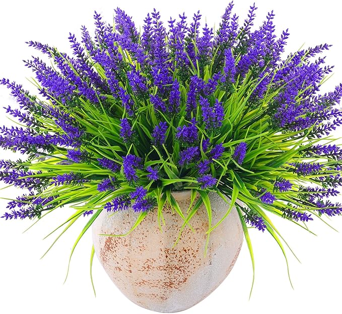 Rowfad 44 Pcs Artificial Outdoor Flowers Lavender Fake Greenery Plants UV Resistant Grass with Purple Flowers for Pot Decor for Window Garden Patio Hanging Planter Pathway Front Porch (44, Purple)