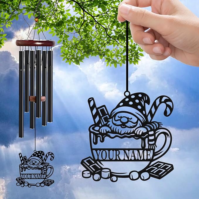 Personalized Customize Name Gnome Wind Chime, Metal Iron 37 Inch Outdoor Memorial Gift for Garden Yard Patio Home Decor, Black，Christmas (Style D)