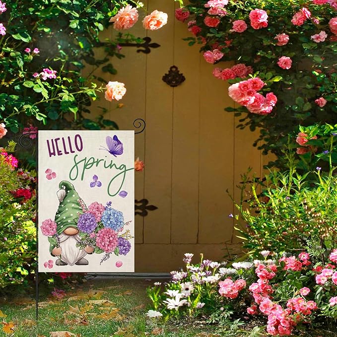Hello Spring Garden Flag for Outside 12x18 Double Sided,Gnome with Hydrangeas Flowers Small Yard Flag, Summer Seasonal Decors for Outdoor Anniversary Wedding Farmhouse Holiday
