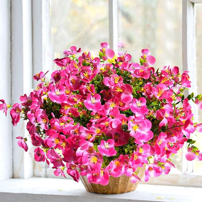 Artificial Flowers for Outdoor, Realistic Faux Plants for Outside Indoor Porch Patio Window Box Planter Home Decor (Rose red-12)