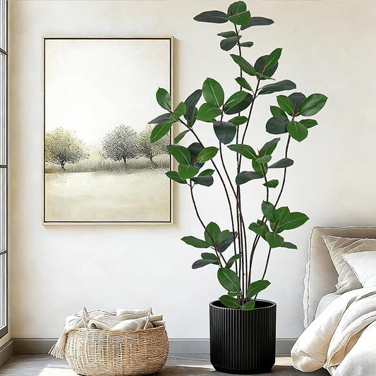 7FT Artificial Green Rubber Tree - 84" Faux Trees Indoor with 68 Lifelike Vivid Leaves and 10Heads, Tall Fake Potted Plant for Home Office Living Room Decor Housewarming Gift