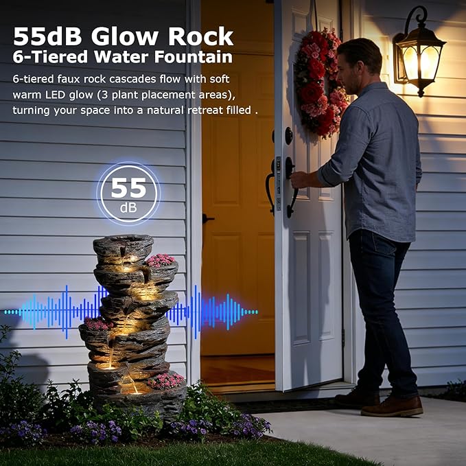 32.7’’H 6-Tier Rock Water Fountain Outdoor Cascading Waterfall Fountain with 3 Plant Nooks and LED Lights, Outdoor Water Fountain for Garden, Patio, Porch & Yard Decor