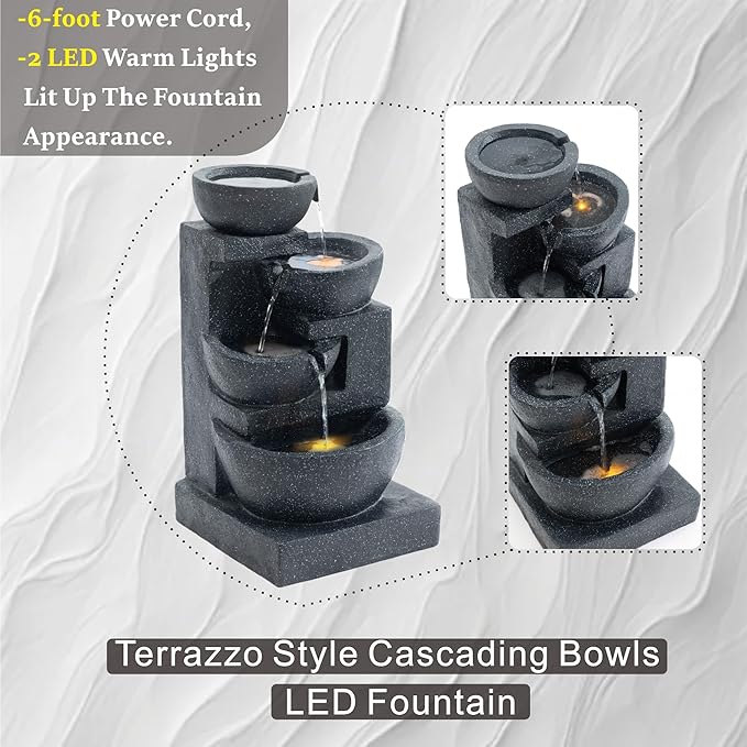 29" H Terrazzo Style Outdoor Water Fountain, 4-Tier Cascading Bowls with Stacked Stone Design and LED Lights, Freestanding Resin Water Feature for Garden Patio Porch