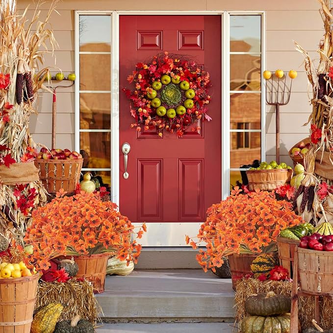 Grunyia 20PCS Autumn Fall Artificial Flowers Outdoor, Fall Porch Decorations, Realistic Waterproof Faux Flowers for Outside Porch Decor, Thanksgiving Halloween Home Garden Decor (Fall Red)