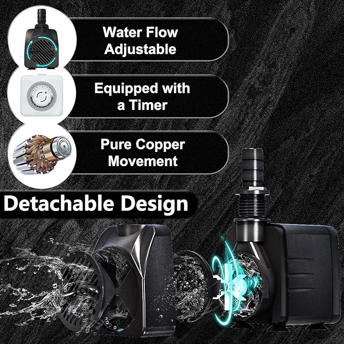 Fountain Water Pump 400GPH with Indoor Mechanical Timer Ultra Quiet 8.2ft High Lift for Fountains, Hydroponics, Ponds, Aquariums & More……