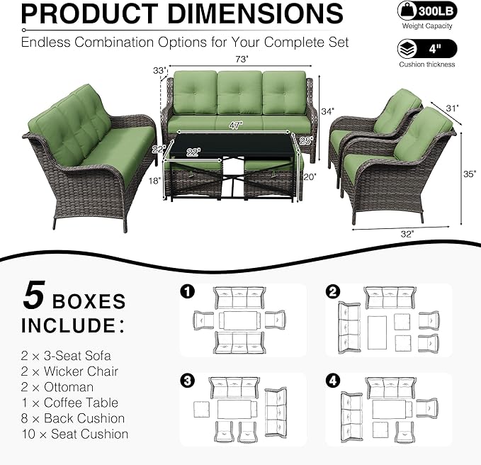 Joyside 7 Piece Wicker Patio Furniture Set, Rattan Patio Chairs with High Back, Deep Seating, Wide Armrest, Thickened Cushions, Outdoor Furniture for Deck, Porch Use