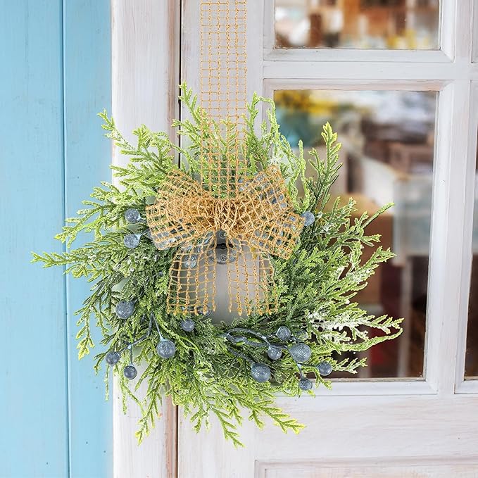 6 PCS Small Winter Blue Berry Cabinet Wreath Artificial Mini Kitchen Wreaths Vintage Swags Wreath with Retro Burlap Ribbon for Farmhouse Rustic Home Front Door Window Pillar Wedding Chair Wall