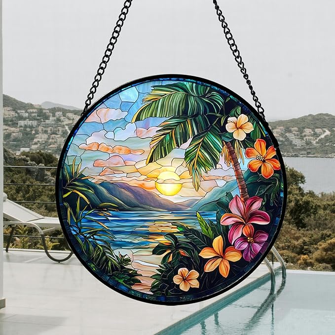 DASTOLL Stained Glass Window Hanging, Colorful Landscape Suncatcher for Doors Home Sun Catchers Decoration and Christmas, Mother's Day Birthday Gifts for Women, Men, and Mom 14.9x14.9 in