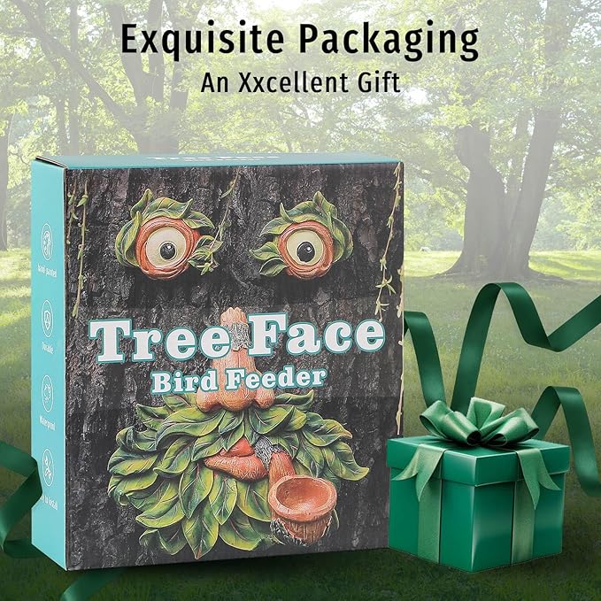 Flytime Tree Face Decor Outdoor,Whimsical Outdoor Art with Bird Feeder,Tree Hugger Bark Ghost Face Decoration Funny Yard Art,Garden Creative Decoration (8 INCH)