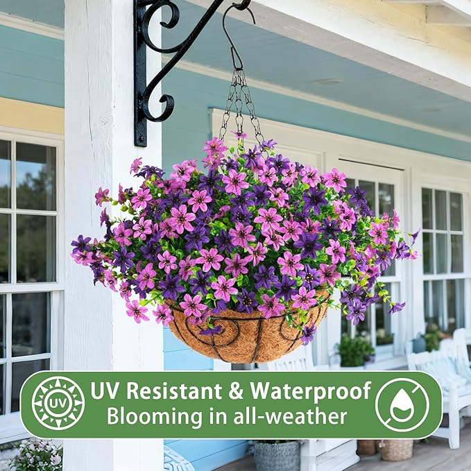 INQCMY Artificial Flowers Hanging Baskets for Outdoors Spring Decor, 12 Bundles Fake Plants Faux Silk Daisy with Eucalyptus Stem UV Resistant for Outside Patio Balcony Garden (Double Purple)