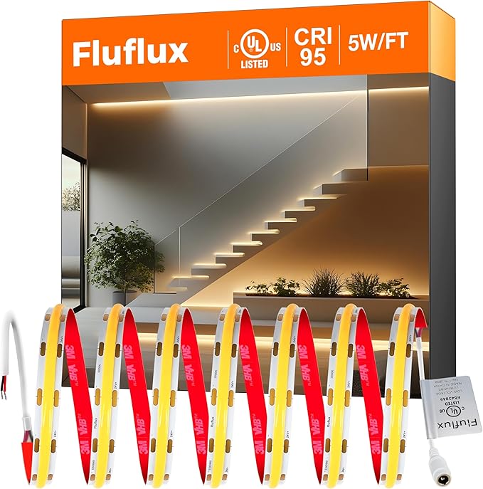 FluFlux COB LED Strip Lights 3000K, 330+LM/FT, 24V DC LED Tape Light with Strong VHB Backing, CRI 95, UL Listed, Cuttable, Linkable, Dimmable, 5W/FT for Bedroom, Kitchen, Cabinets (NO Power Supply)