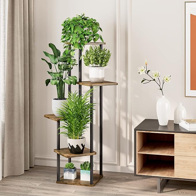 YOCOMEY 5 Tier Wood Tall Plant Stand Metal Rack Indoor, Multiple Flower Pot Holder Shelves Corner Rack, Planter Shelf Display Rack Storage Organizer for Patio Living Room Balcony Garden(Black)