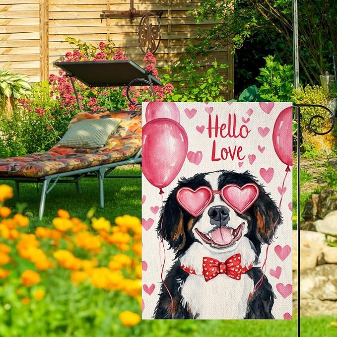 Valentine's Day Bernese Mountain Hello Love Garden Flag, House Yard Plaid Love Heart Outside Decoration, Spring Holiday Wedding Anniversary Outdoor Small Decor 12x18(12620)