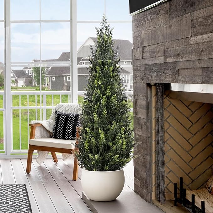 ZEEOZE 3FT Artificial Cedar Topiary Trees (2 Pack) - UV Resistant Faux Evergreen Shrubs Extra Dense Foliage Realistic Fake Pine Cypress Plants Easy Assembly for Front Porch Garden Indoor Office Decor
