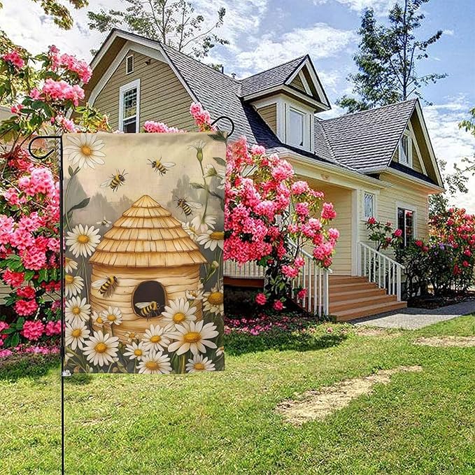 Bee Flower Garden Flag Vertical Double Sided Outdoor Yard Flags 12.5x18 Inch Burlap Banners for House Lawn
