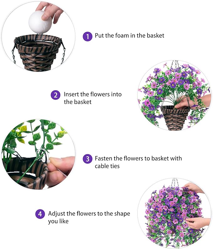 HyeFlora Artificial Hanging Flowers Basket for Outdoor, Fake Flowers Faux Plants Look Real for Yard Gardens Porch Patio Home (Darkpurple+Purple)