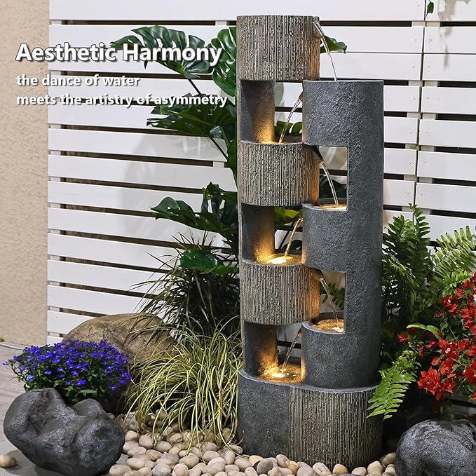 51" Outdoor Water Fountain Uneven Cylinders Waterfalls Fountain Floor Standing Water Fountains with LED Lights, Pump, Natural Stones for Garden, Living Room, Patio