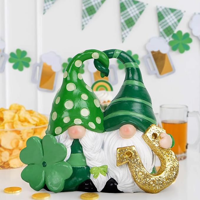 Hodao Green St. Patrick's Day Couple's Gnome 3.75" H Resin Standing Figurine for Spring-Lucky Man with Love Intertwined Home Holiday Decorations Indoor Home Decor Lucky Green Gnome