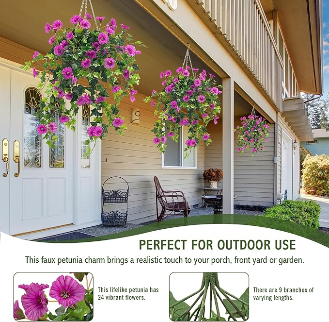 Ttranewsoo Artificial Flowers Faux Outdoor Plants Artificial Petunias for Outdoors Uv Resistant Fake Petunias Plants Hanging Flower Patio Decor Outside Basket Realistic Silk Plant No Pot(Purple 2pcs)