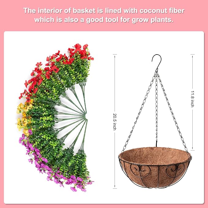 Artificial Flowers Hanging Basket for Outdoor Spring Decor, Fake Silk Mums Daisy with Eucalyptus in 12" Metal Coconut Lining Pot Arrangement for Home Patio Yard Decor(Purple Red Yellow)