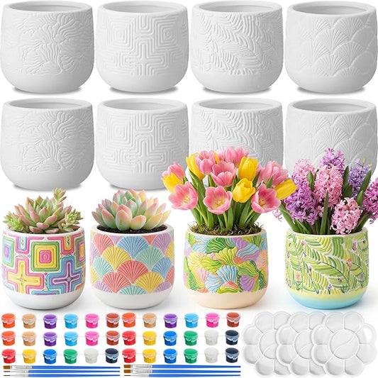 Zubebe 12 Pcs Paint Your Own Ceramic Pots Bulk Unfinished Embossed Succulent Pots Craft Kit with Drainage Hole Mini Paintable Plant Vase Ready to Paint Planter for Cactus DIY Craft