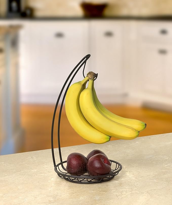 Spectrum Grid Banana Holder Stand Black Modern Metal Fruit Tree Hanger with Hook for Kitchen Countertop Storage, Sturdy Heavy Duty Banana Hanger Hook Keeps Bananas Fresh Longer Preventing Bruises