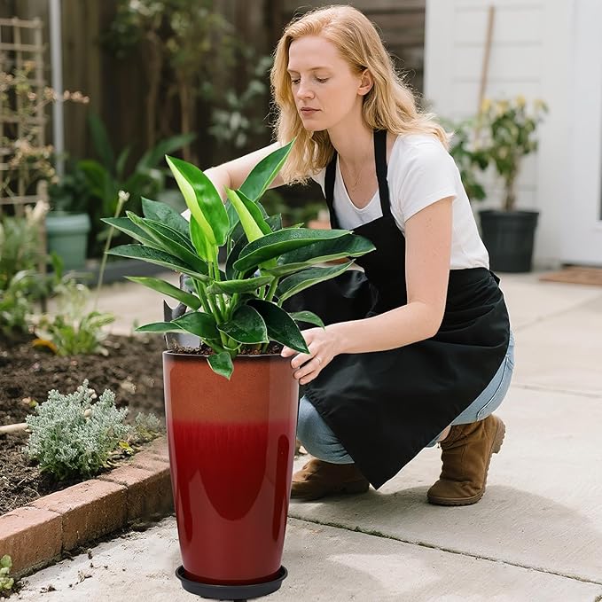 Neoaider 24/21/12 Inch Large Plastic Planter, Lightweight Ceramic-Look Tall Planters with Drain Hole & Saucers, Tall Plastic Planters for Porch, Garden, Patio, Balcony(Fiery Red)