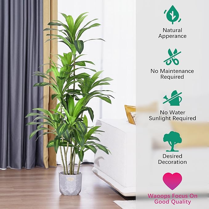 Waoops Artificial Trees 6Ft Dracaena Fragrans Faux Trees with 8 Heads Floor Plants for Living Room Decor Fake Silk Plants for Home Decor Indoor Potted Plants Office Garden Outdoor…